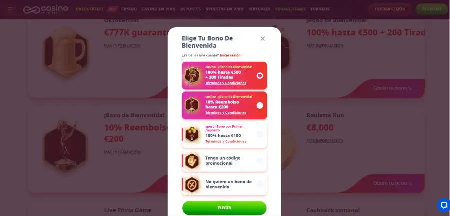 En Casino Infinity eliges el bono de bienvenida para casino o casino en vivo.