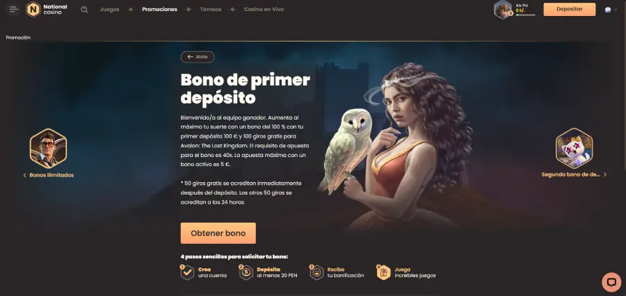 El bono de bienvenida de National Casino es para los dos primeros depósitos.