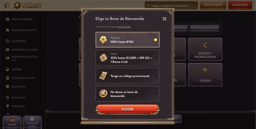 Bono de bienvenida de ViciBet Casino. 