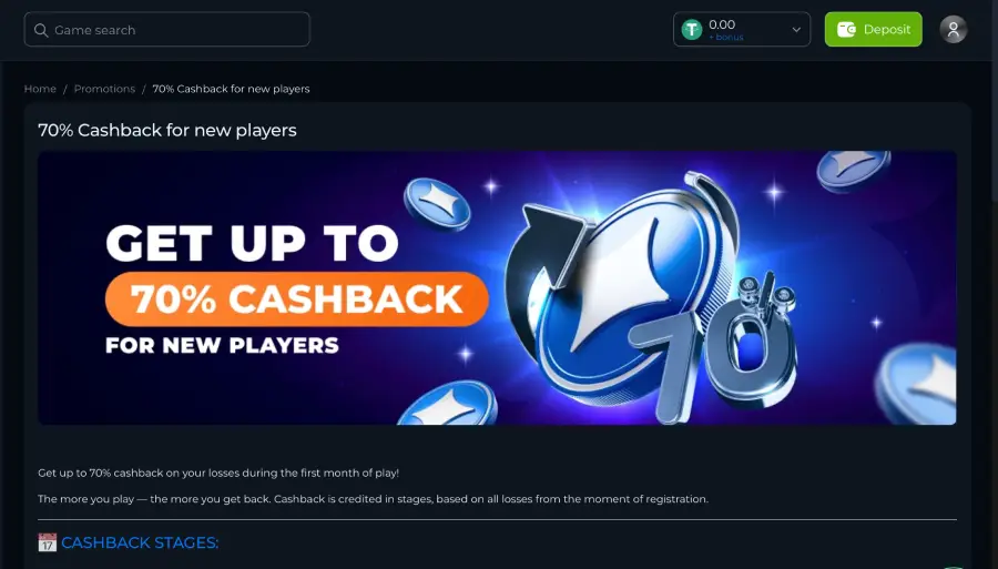 El bono de reembolso para nuevos jugadores en Betico Casino es hasta 70%.