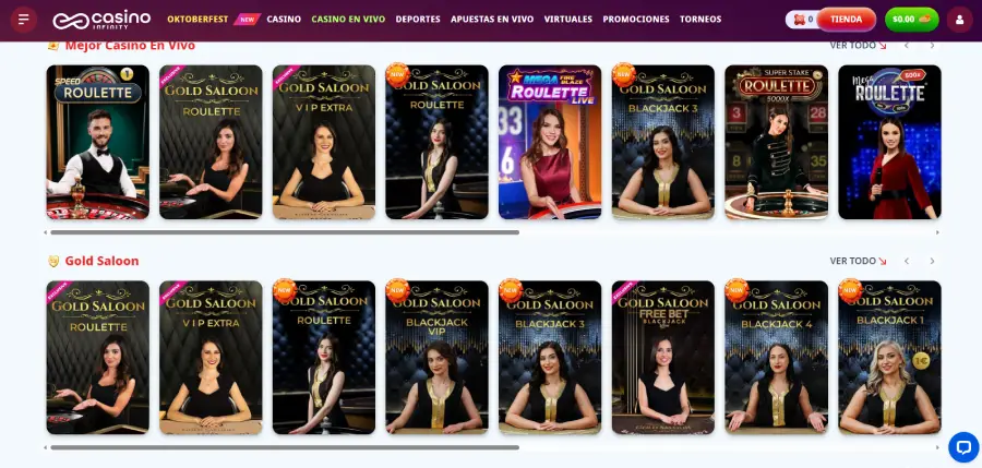 Sección de casino en vivo de Casino Infinity.