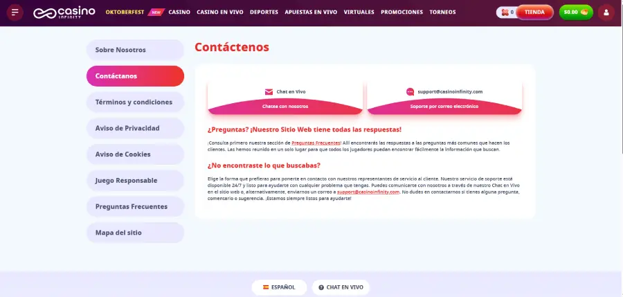 Medios de contacto con el soporte de Casino Infinity.