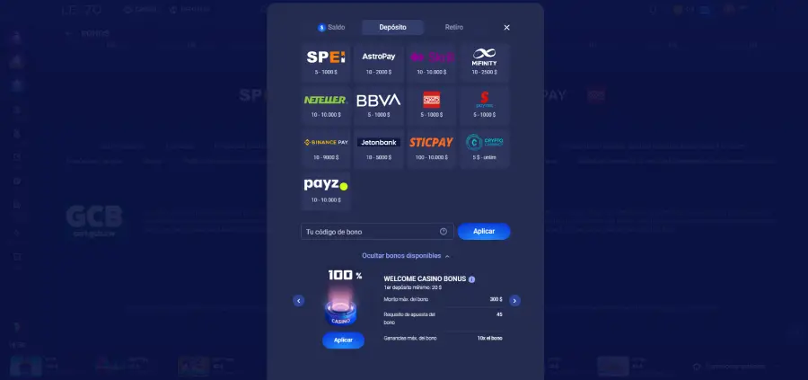 Algunos métodos de pago disponibles en Legzo Casino.