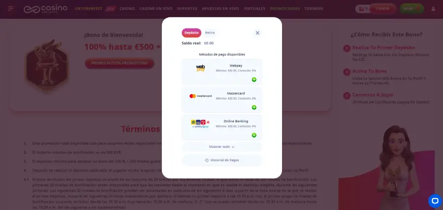 Métodos de depósito en Casino Infinity.