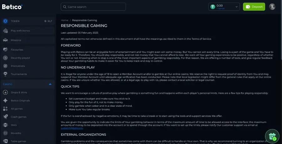 Faltan herramientas de Juego Responsable en Betico.io.