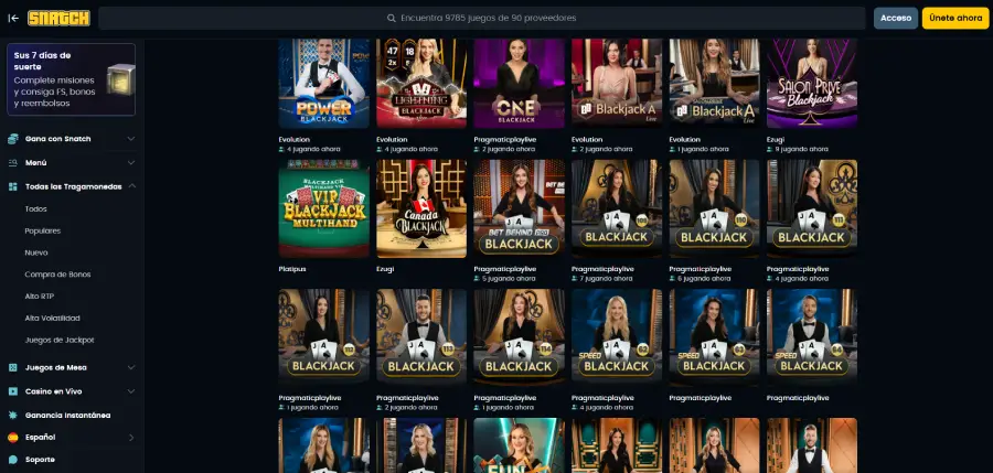 Sección de juegos de mesa en Snatch Casino.