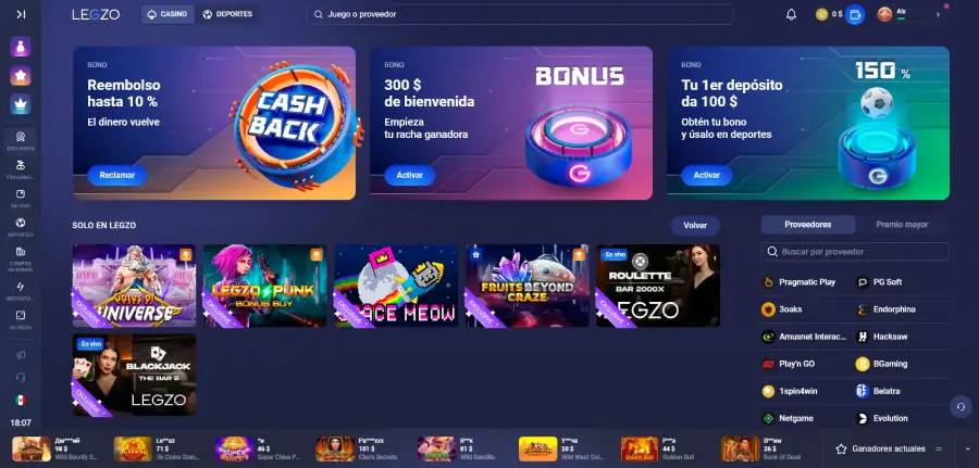 Los juegos exclusivos de Legzo incluyen tragamonedas, blackjack y ruleta.