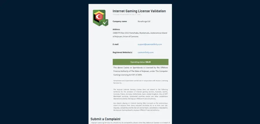 Licencia de Casino Infinity otorgada por Anjouan Gaming Board.