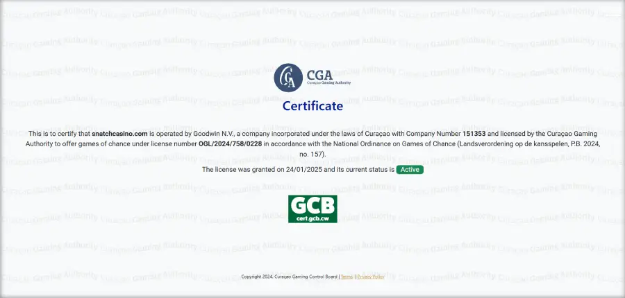 Licencia de operación de Snatch Casino emitida por la GCB.