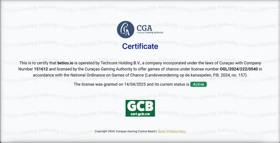 La imagen muestra el certificado de operación de Betico Casino.