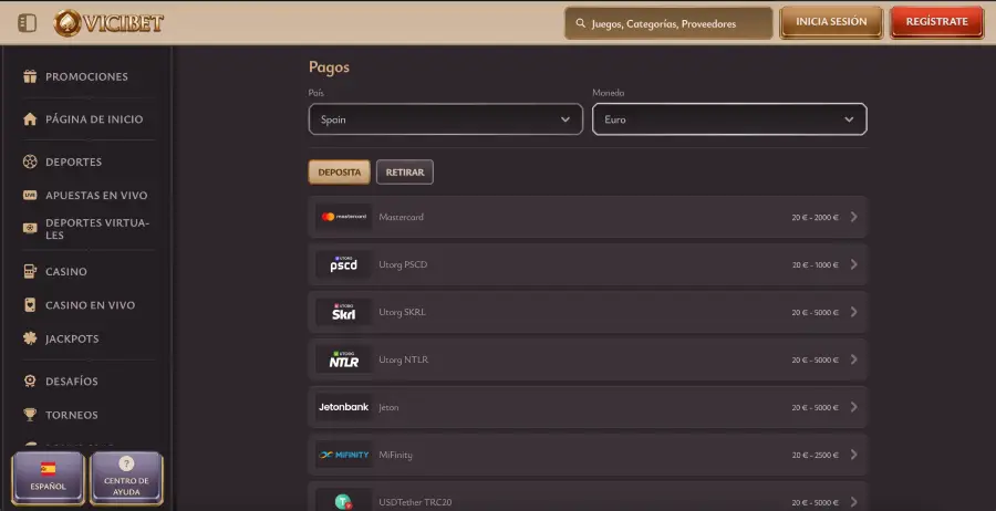 Opciones de depósito en el casino online ViciBet. 