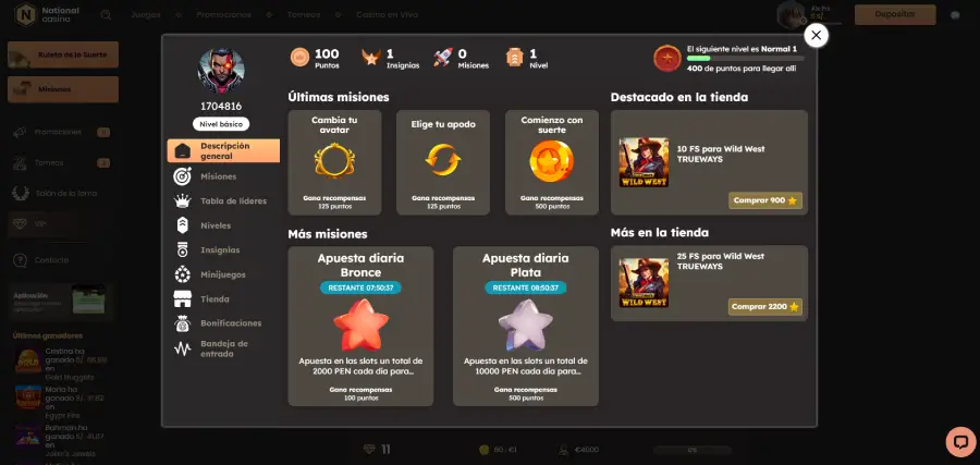 Tabla de “Misiones” a completar en National Casino para obtener más beneficios.