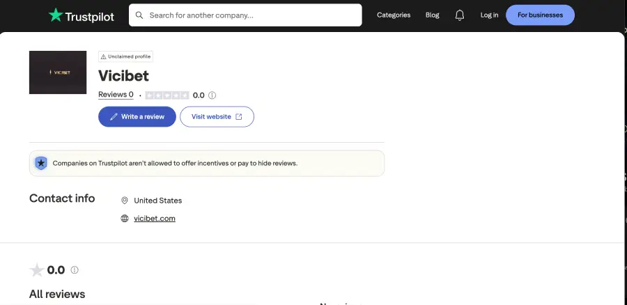 ViciBet Casino no tiene opiniones en portales como TrustPilot. 
