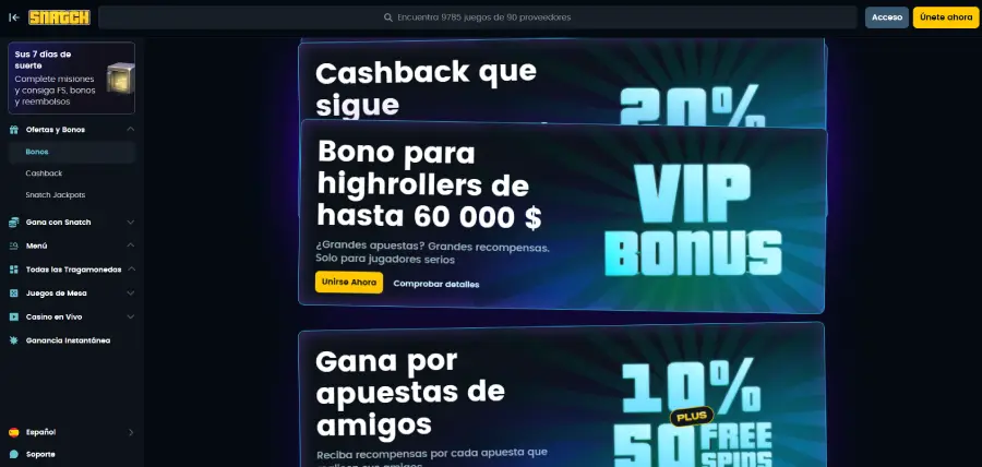 Promociones disponibles en Snatch Casino.