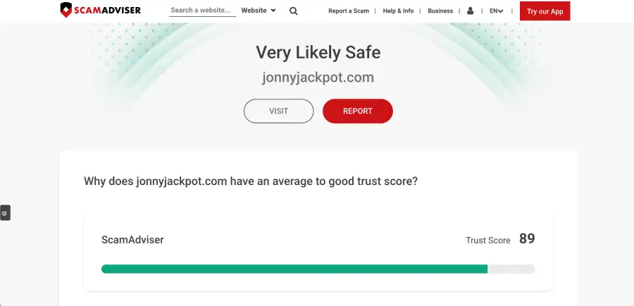 El casino Jonny Jackpot tiene un buen índice de confianza en ScamAdviser. 
