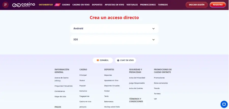 Casino Infinity tiene una aplicación web progresiva.