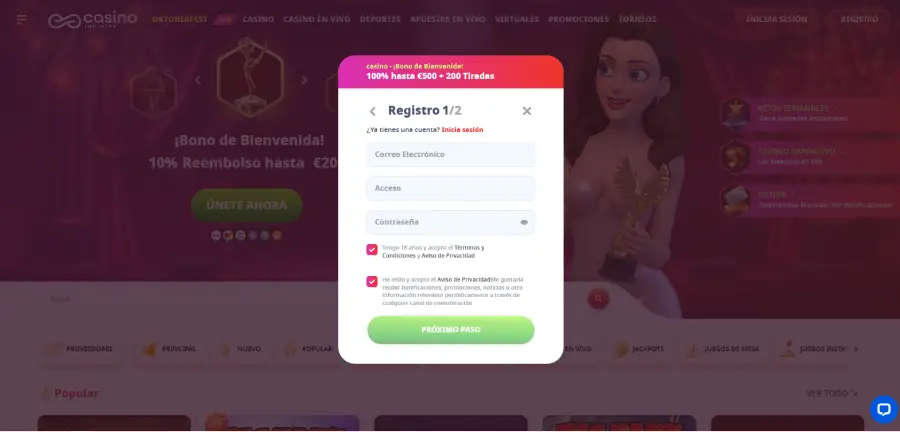 Formulario de registro en Casino Infinity.