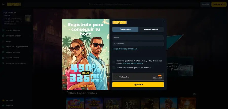 Formulario de registro en Snatch Casino.