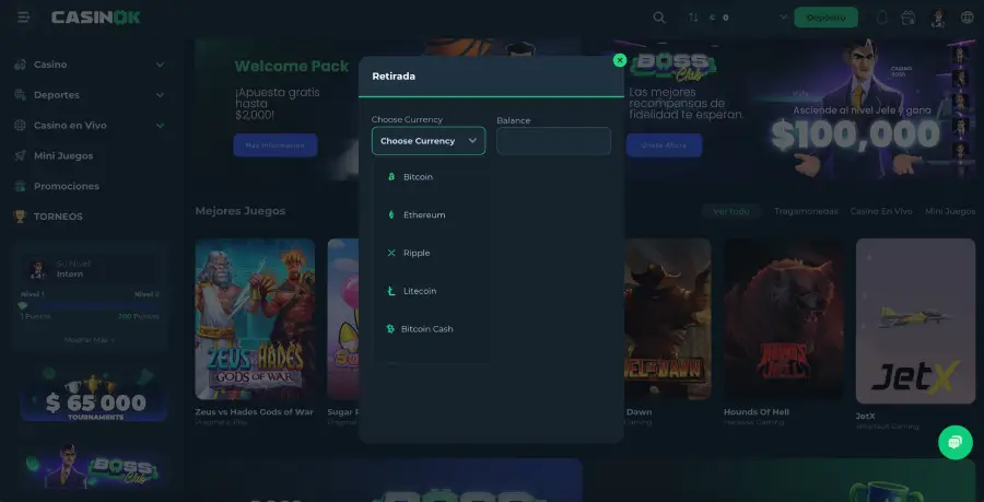 Los retiros en CasinOK solo pueden realizarse en criptomonedas.