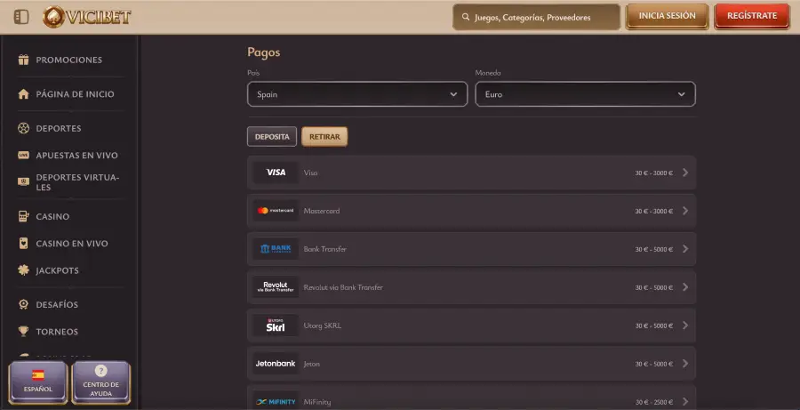 Los métodos de pago para realizar reintegros en ViciBet son los mismos que los de depósito. 