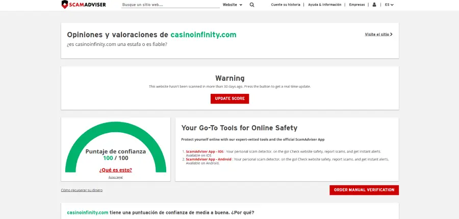 Casino Infinity tiene un alto puntaje de confianza en ScamAdviser.