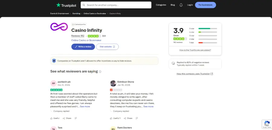 Casino Infinity cuenta con un puntaje bueno en Trustpilot.