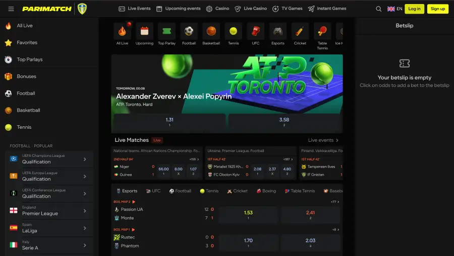 En la imagen se aprecia la interfaz de apuestas deportivas en Parimatch.