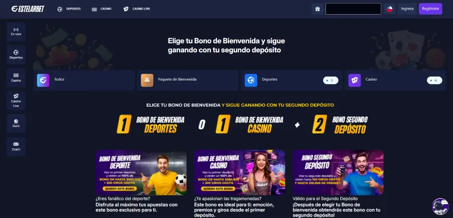 En Estelarbet eliges tu bono de bienvenida para casino o apuestas deportivas.