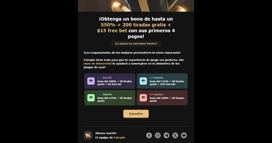 El paquete de bienvenida de Fairspin bonifica los 4 primeros depósitos.