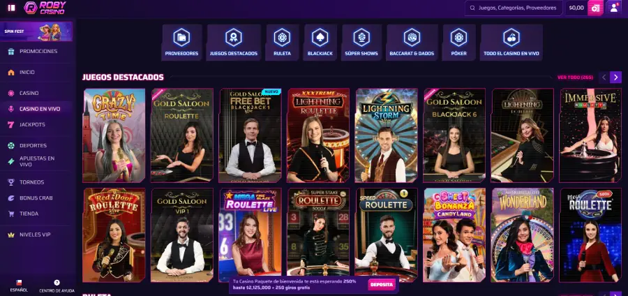 Juegos destacados del casino en vivo de Roby Casino.