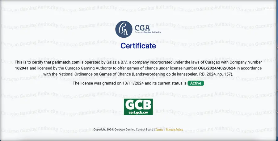 La imagen muestra el certificado de operación activo de Parimatch Casino.