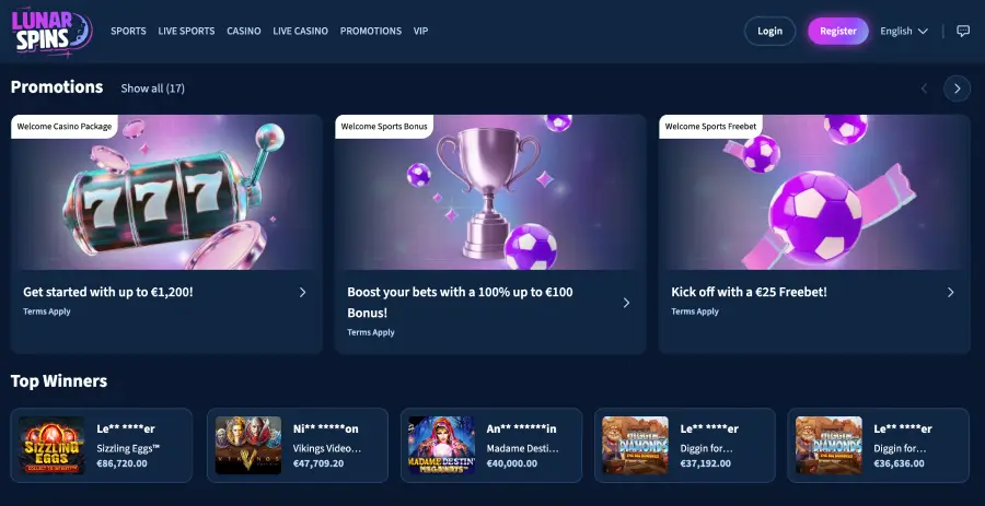Lunarspins es un nuevo casino disponible desde febrero de 2025.