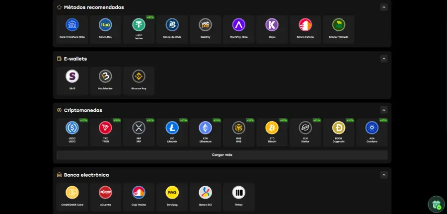 Los medios de pagos de Fairspin incluyen criptomonedas y métodos tradicionales. 