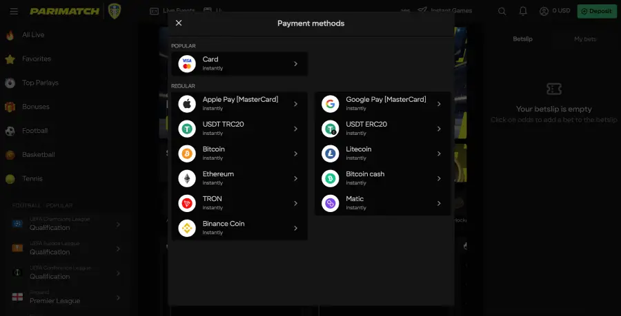 Todos los métodos de pago disponibles en el casino Parimatch.