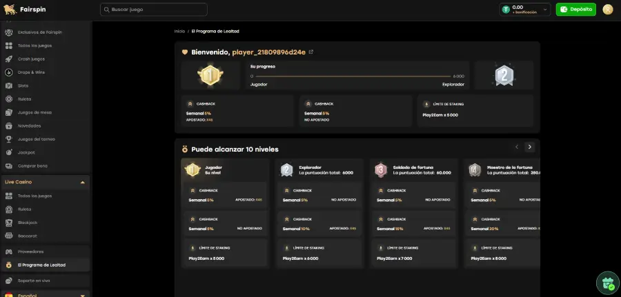 Con el programa de fidelidad de Fairspin aumenta tu nivel de staking y accede a más beneficios.