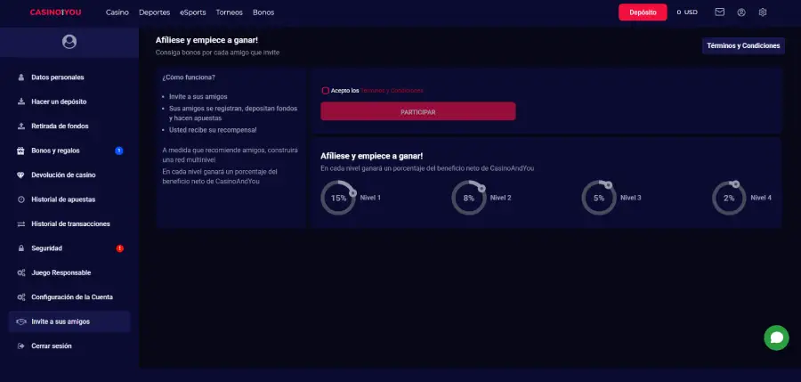 Para participar, debes activar el programa en tu perfil de CasinoAndYou.