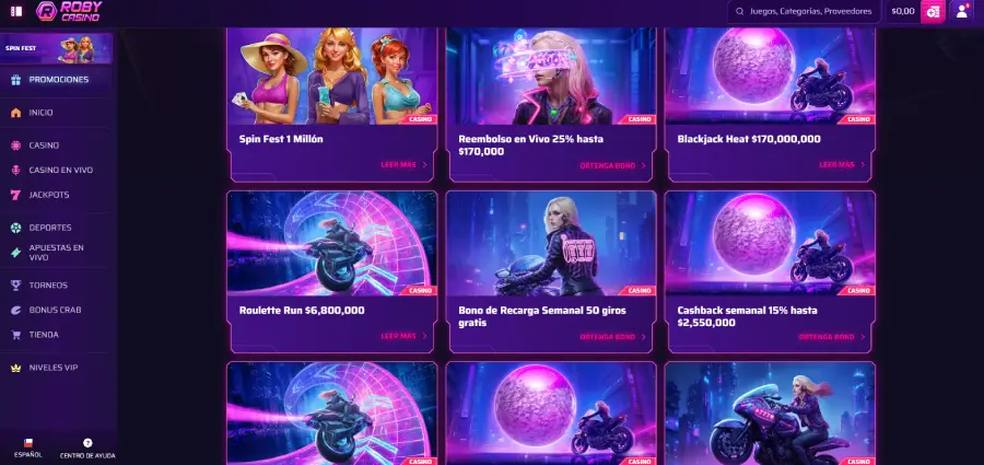 Las promociones de Roby Casino incluyen juegos de casino, apuestas deportivas y torneos especiales.