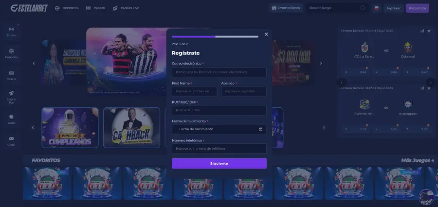 Formulario para registrarse en Estelarbet.