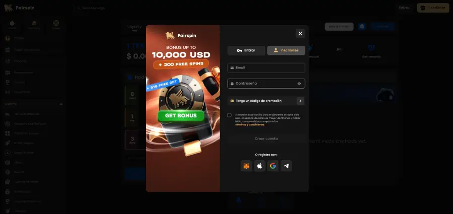 Para registrarte en Fairspin Casino se pueden autocompletar los datos con otras cuentas.