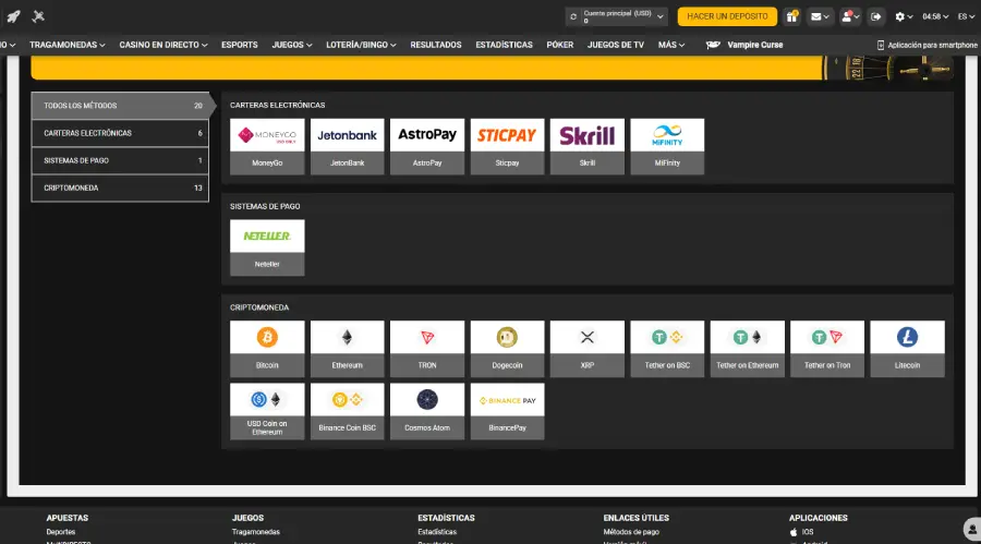 Medios de retiro en BetAndYou Casino.