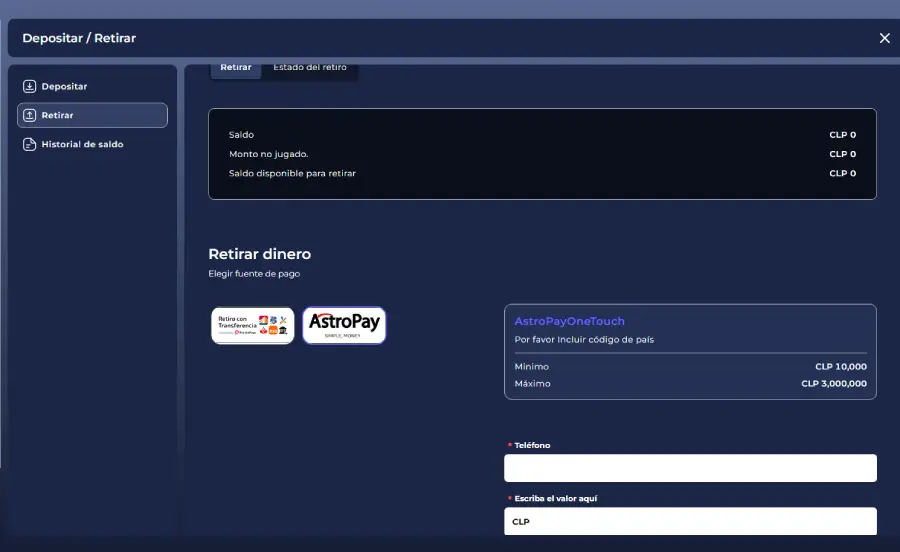 Estelarbet solo permite retiros con transferencias bancarias o Astropay.