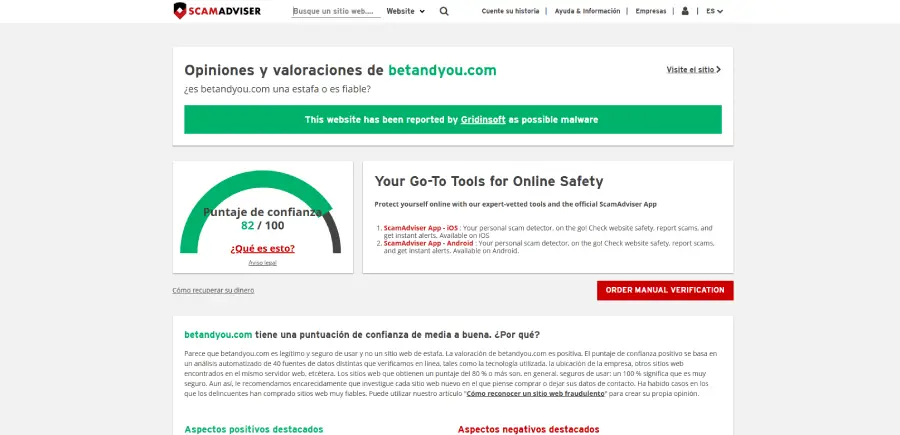 BetAndYou tiene un buen puntaje de confianza en ScamAdviser.