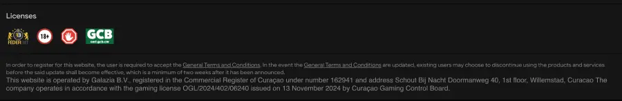 El sello de Ferbet está al pie de página en el sitio de Parimatch.