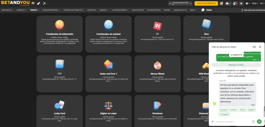 El chat en vivo de BetAndYou no tiene atención en español.