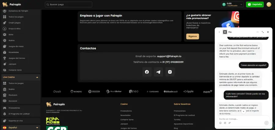 El soporte de Fairspin tiene varios canales de atención.