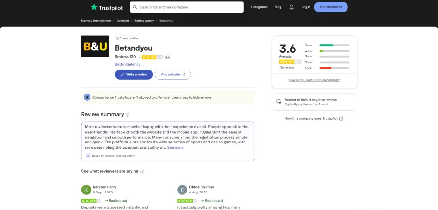 BetAndYou tiene un puntaje medio en Trustpilot.
