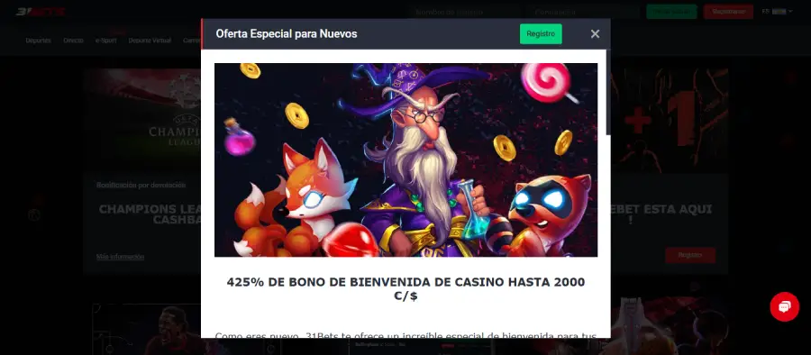 Bono de bienvenida del casino online 31Bets.