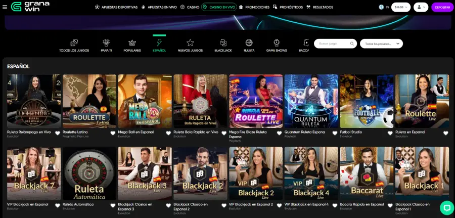 Granawin tiene casino en vivo con crupieres en español.