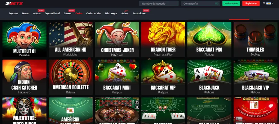 Sección de juegos de mesa en el casino virtual 31Bets.