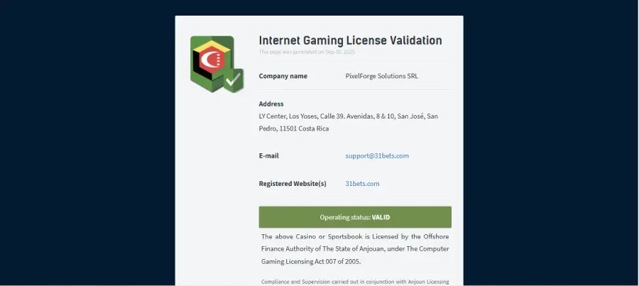 Licencia de operación de 31Bets Casino emitida por Anjouan.